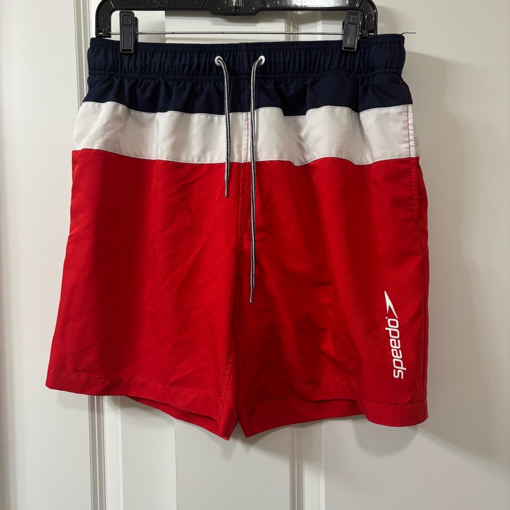 Speedo Swim Trunks Shorts Color Block Red White & Blue 4th of July Memorial Day